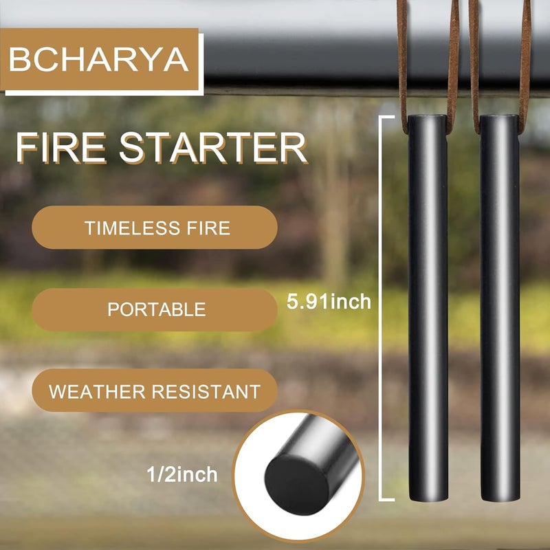 BCHARYA Fire Starter Survival Tool, Ferro Rod Kit with Leather Neck Lanyard and Multi-Tool Striker, Flint and Steel Survival Igniter with Tinder Rope and Tab for Camping, Hiking and Emergency - Image 2